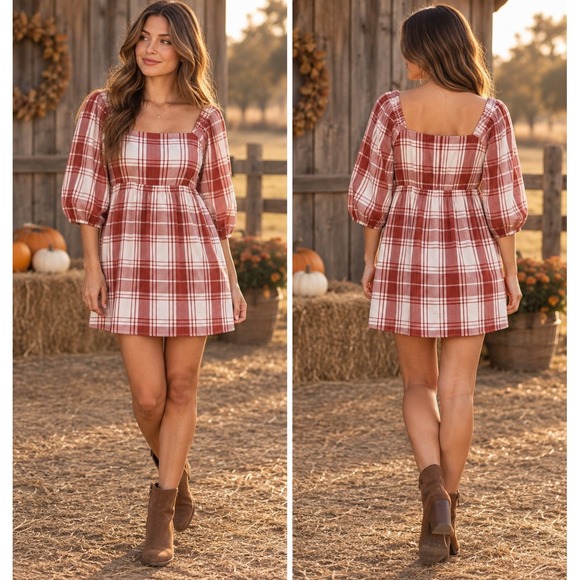 Monteau Los Angeles Dresses & Skirts - New Monteau Los Angeles S Red Plaid Babydoll Mini Dress Puff Sleeve Cottagecore